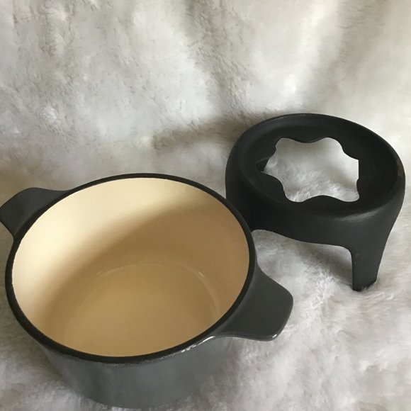 Vintage Grey Enamel Cast Iron Fondue Pot and Base - Picture 8 of 12